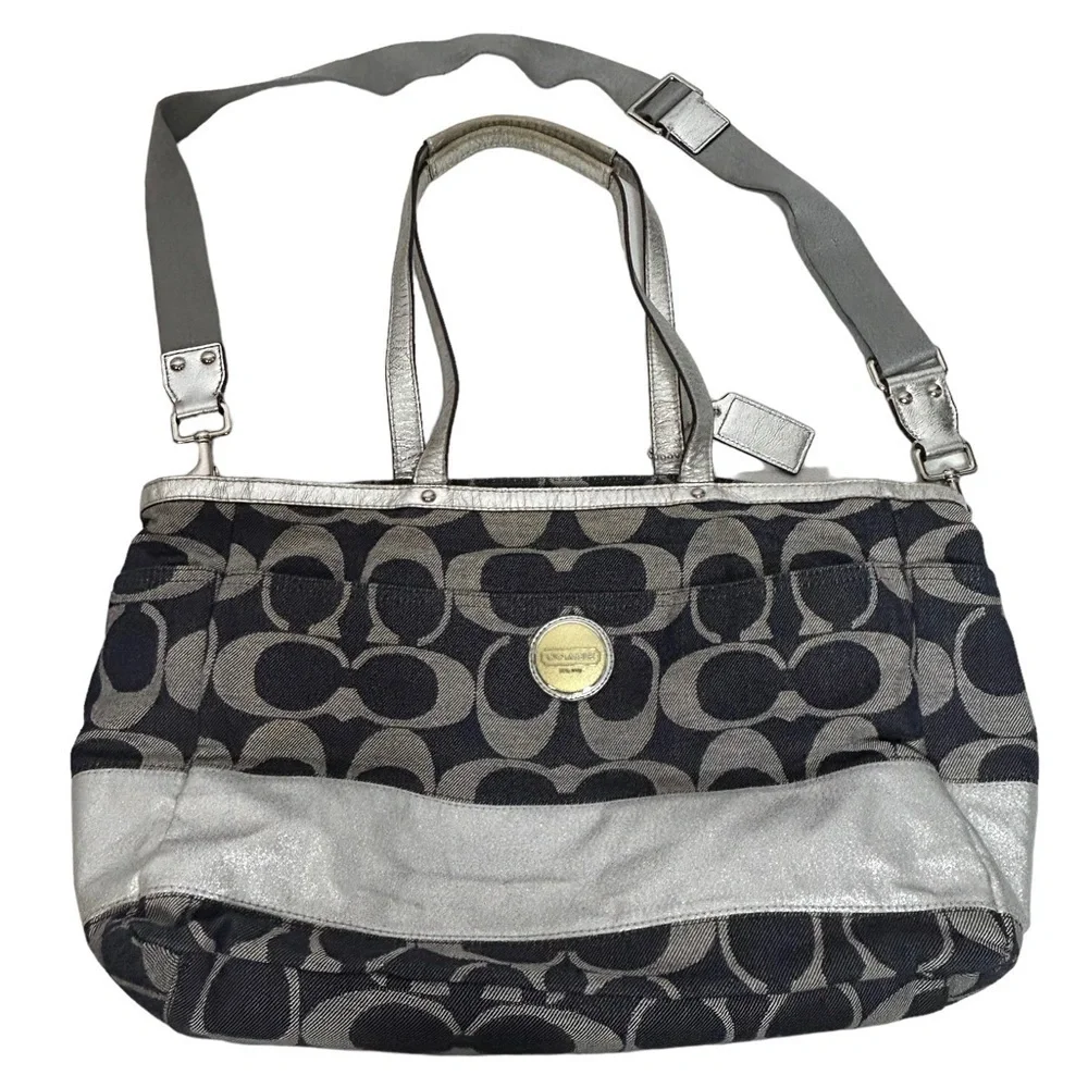 Coach Denim Signature Stripe Tote Weekender Diaper Bag F17443 Large Shoulder Bag